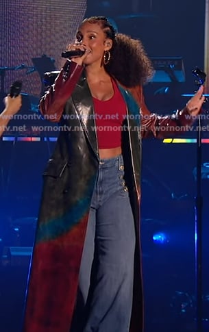 Alicia Keys's multicolor leather coat on American Idol