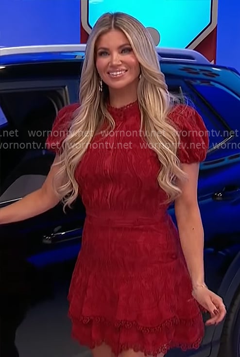 Amber's red lace puff-sleeve dress on The Price is Right
