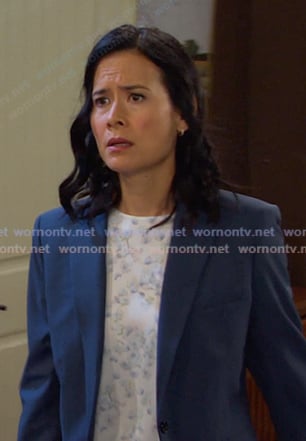 Amy's white floral print top on Days of our Lives
