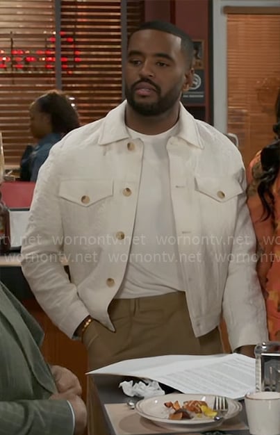 Andre's white textured jacket on Beyond the Gates