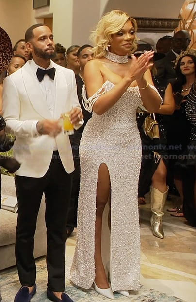 Angela's pearl embellished dress on The Real Housewives of Atlanta
