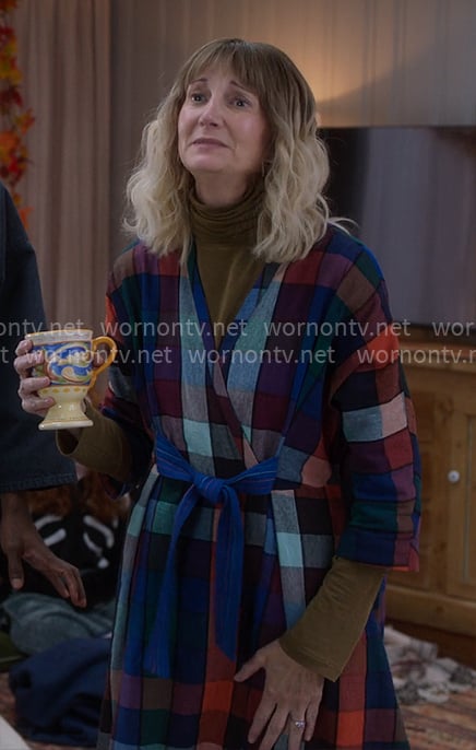 Anne's multi-color checked wrap coat on The Four Seasons