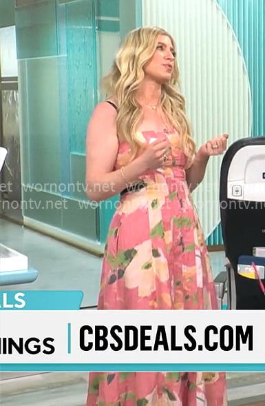 Ashley Bellman's pink floral midi dress on CBS Mornings