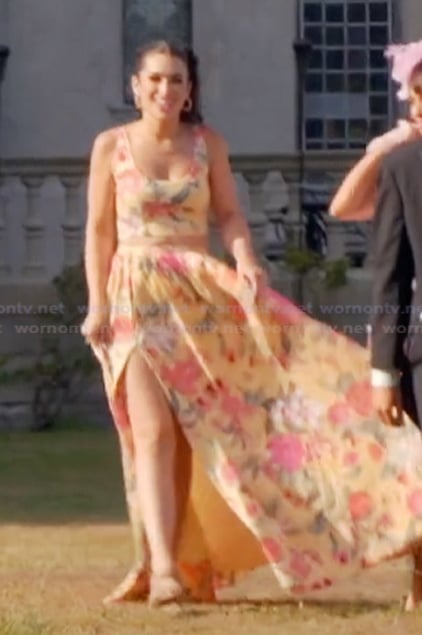 Ashley's yellow floral print top and skirt on The Real Housewives of Rhode Island