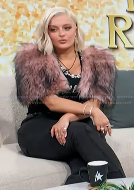 Beber Rexha's pink fur cropped jacket on Access Hollywood