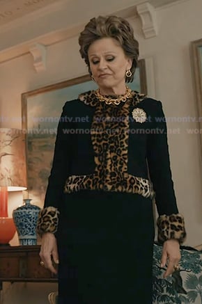 Betty's black leopard trim jacket on Elsbeth