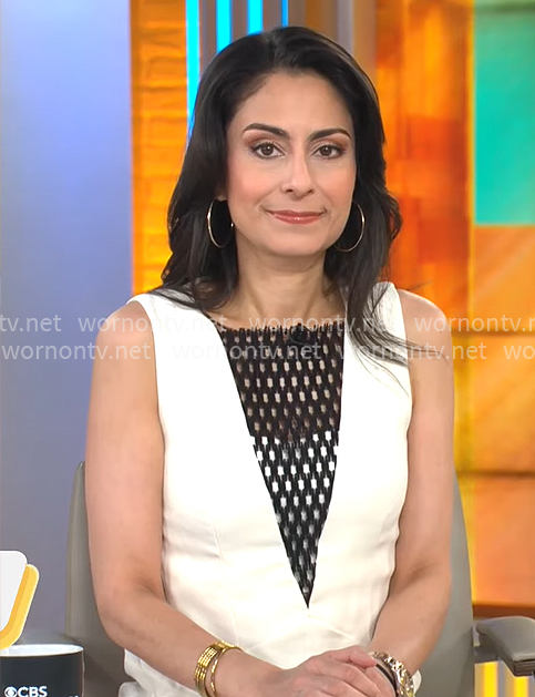 Celine Gounder's cream dress with black fishnet inset on CBS Mornings