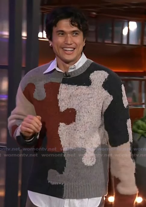 Charles Melton's puzzle piece sweater on The Kelly Clarkson Show