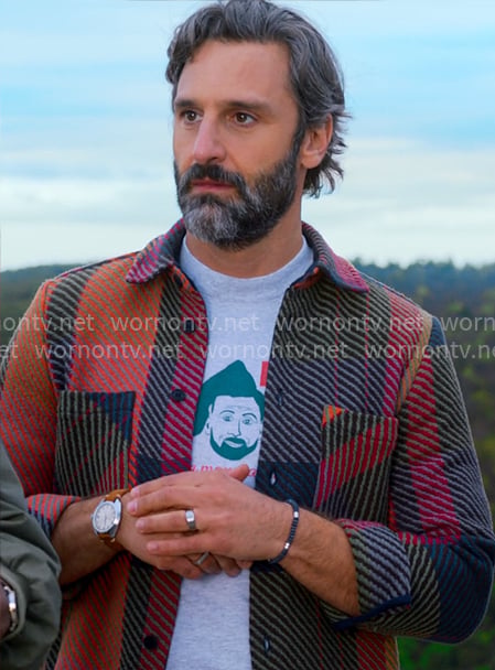 Claude's multi color plaid shirt jacket on The Four Seasons
