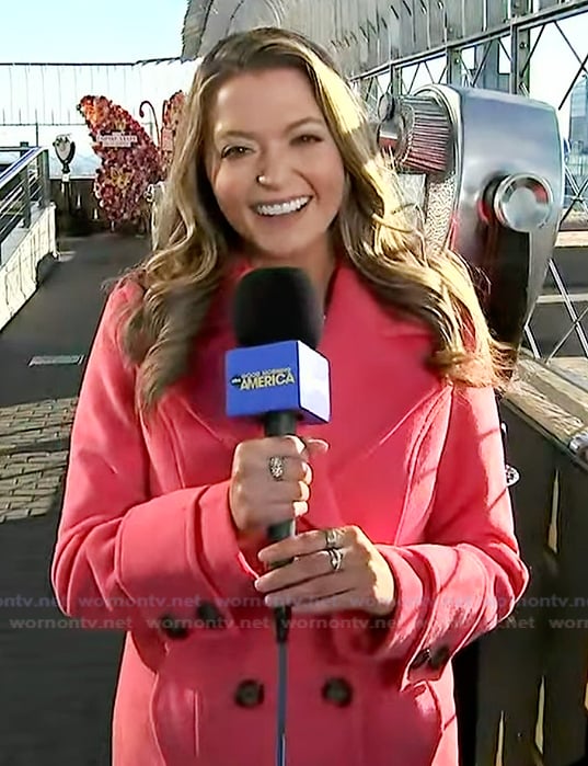 Dani's coral double breasted coat on Good Morning America