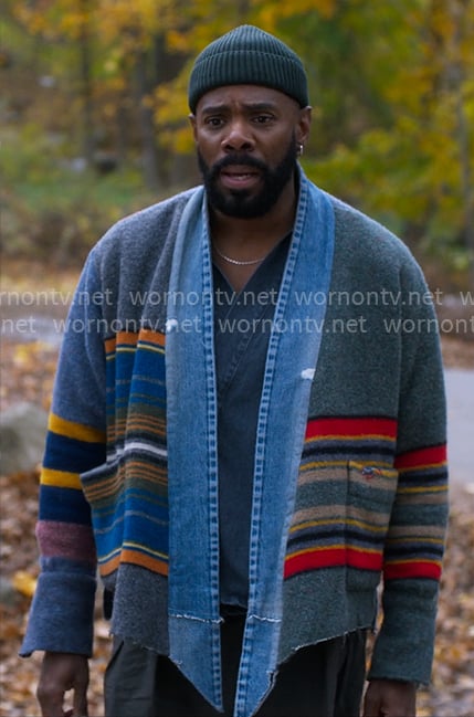 Danny's striped cardigan with denim trim on The Four Seasons