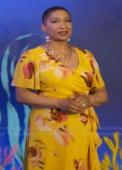 Deja Vu's yellow floral wrap dress on Live with Kelly and Mark