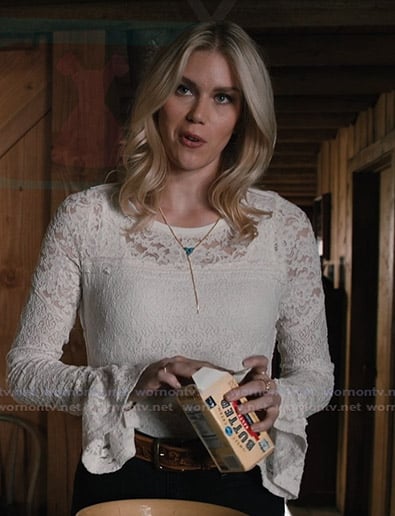 Dolly's white lace bell sleeve top on Marshals