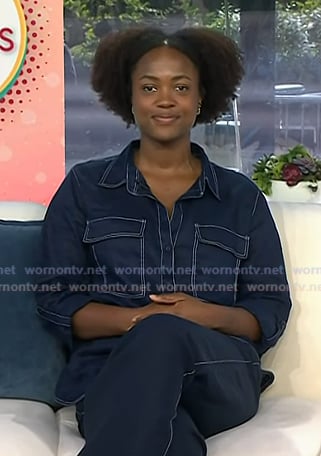 Dora Kamau's navy shirt and pants with white stitching on Today
