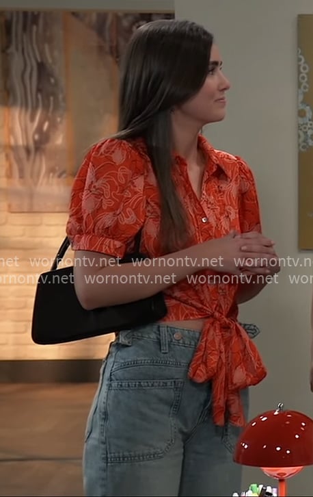 Emma's red floral tie-front shirt and jeans on General Hospital