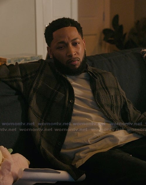 Emmett's gray check print shirt on The Chi