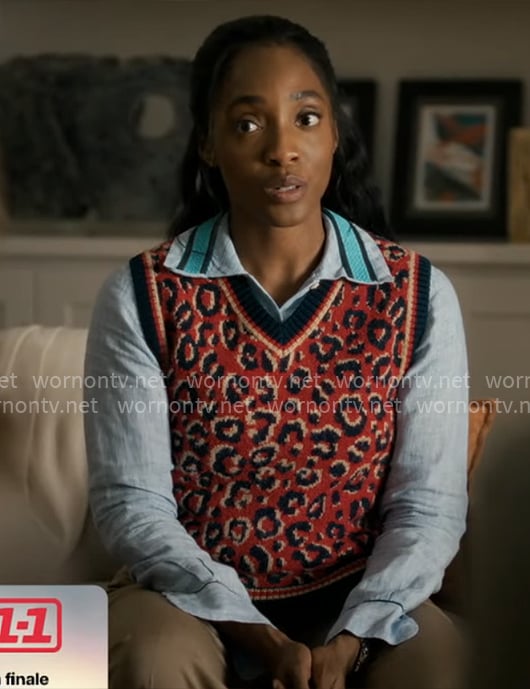 Faith's blue shirt and red leopard sweater vest on Will Trent