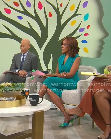 Gayle King's turquoise cowl neck dress on CBS Mornings