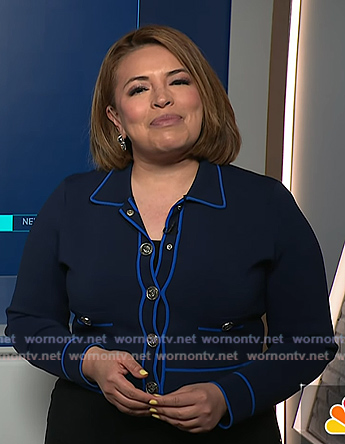 Gilma's navy contrast trim cardigan on NBC News Daily