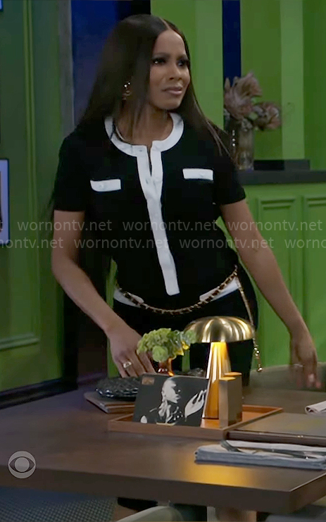 Hayley's black and white top and pant set on Beyond the Gates