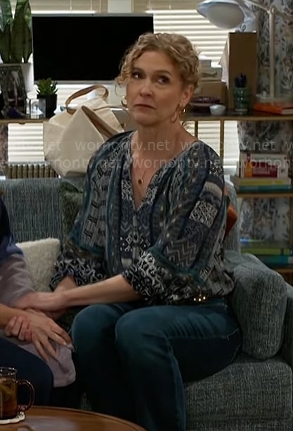 Jan's blue printed top on Beyond the Gates