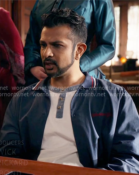 Jay's navy shirt jacket with striped collar on Ghosts