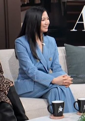 Jenny Wang's blue pinstripe blazer and pants on Access Hollywood