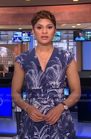 Jericka's navy palm tree print dress on CBS Evening News
