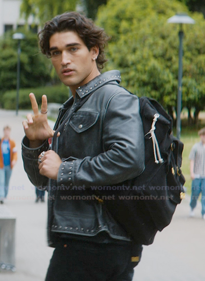 Justin's black studded leather jacket on Off Campus
