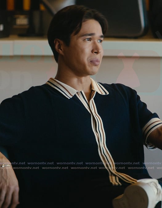 Kai's navy stripe trim polo on Off Campus