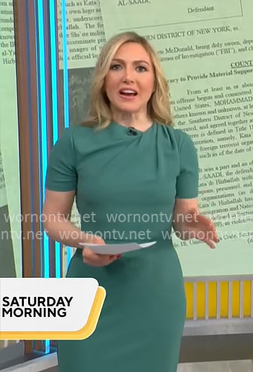 Katrina Kaufman's green twist neck dress on CBS Mornings