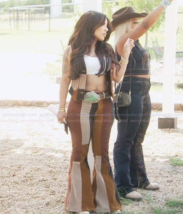 K's patchwork flare jeans and vest on The Real Housewives of Atlanta