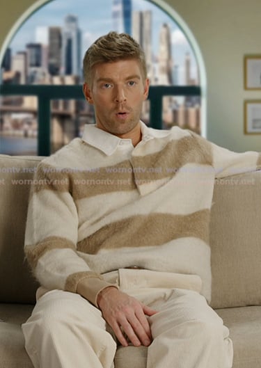 Kyle's beige stripe confessional polo sweater on In The City