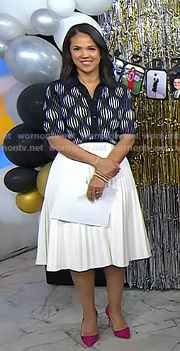 Laura's wavy stripe short sleeve cardigan and white skirt on Today