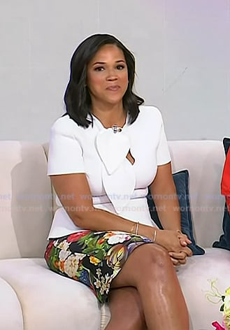 Laura's white tie neck top and floral pencil skirt on Today