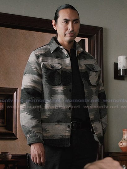 Miles's gray geometric embroidered jacket on Marshals