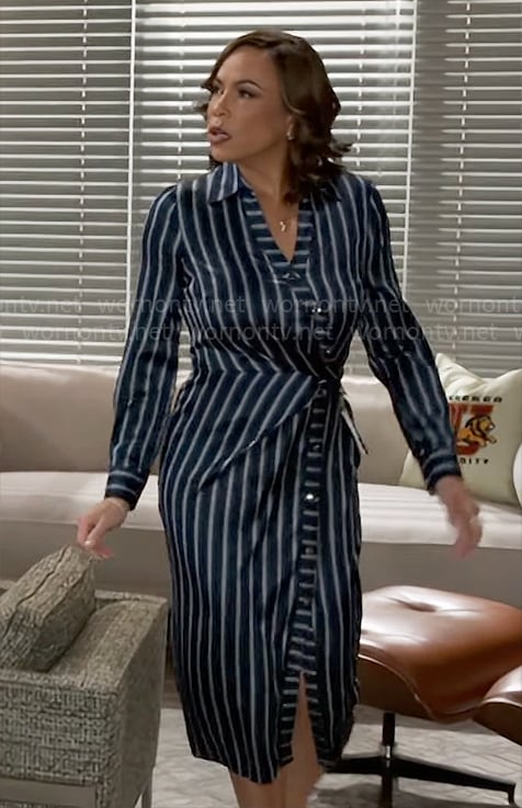 Nicole's blue striped shirtdress on Beyond the Gates