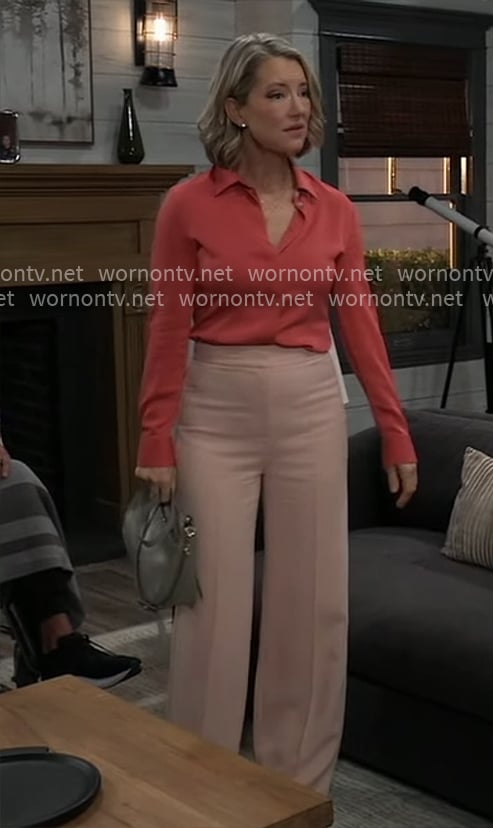 Nina's coral button down blouse and blush pants on General Hospital