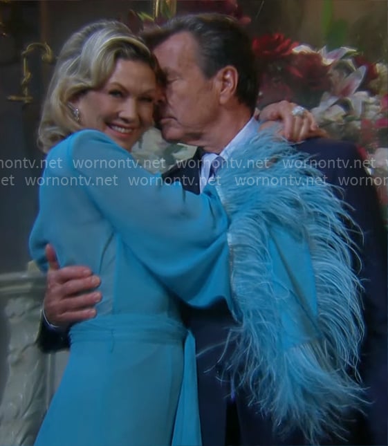 Patty's blue feather trim dress on The Young and the Restless