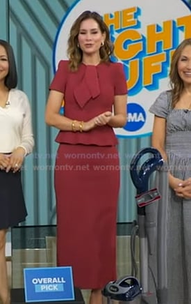 Rebecca's burgundy tie neck top and pencil skirt on Good Morning America
