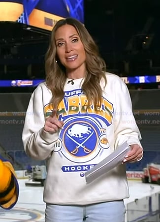Rhiannon's white Buffalo Sabres print sweatshirt on Good Morning America
