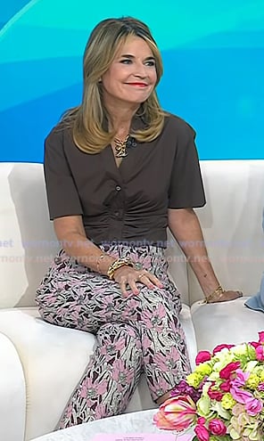 Savannah's brown ruched front shirt and floral pants on Today