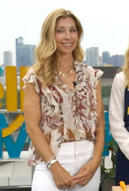 Shereen Pavlides's floral ruffle top on Live with Kelly and Mark