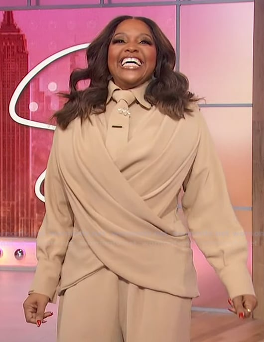 Sherri's khaki wrap top and pants on Sherri