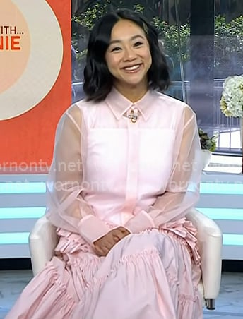 Stephanie Hsu's pink sheer shirt and ruffle skirt on Today