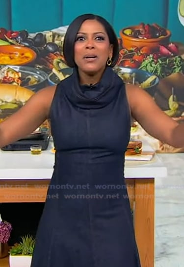Tamron's denim cowl neck dress on Tamron Hall Show
