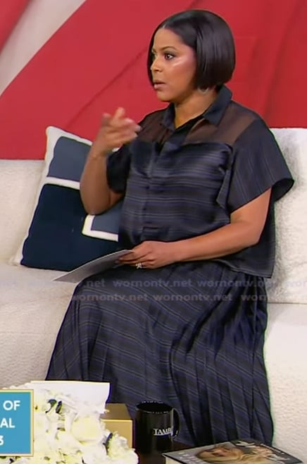 Tamron's sheer stripe top and skirt on Tamron Hall Show