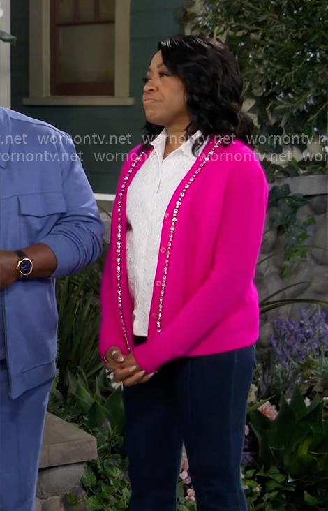 Tina's white floral applique shirt pink rhinestone embellished cardigan on The Neighborhood