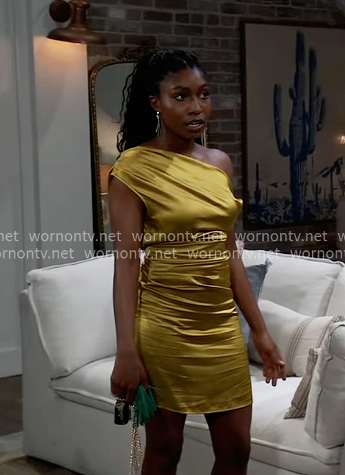 Trina's yellow satin one-shoulder dress on General Hospital