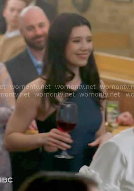 Violet's navy one-shoulder dress on Chicago Fire